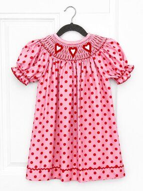 Southern Sunshine Kids- Smocked Heart Dress– Girls 4T– Pink & Red Polka Dot